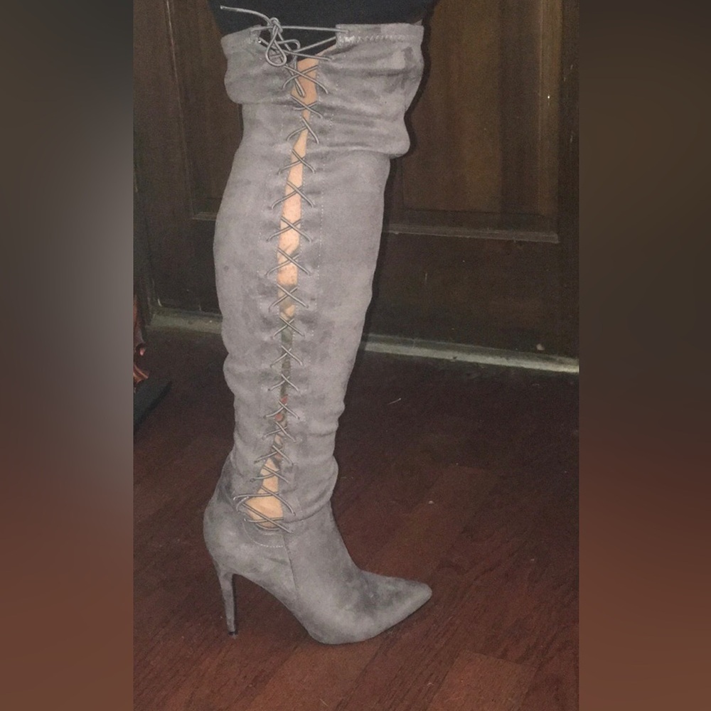 Gray Over-the-Knee Lace-Up Boots